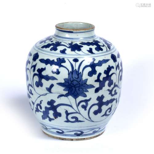 Blue and white jar Chinese, Ming of rounded form with short cylindrical neck, decorated overall with