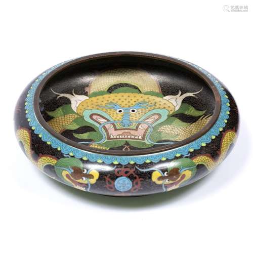 Cloisonne large bowl Chinese, circa 1900 of black ground with central dragon to the interior, the