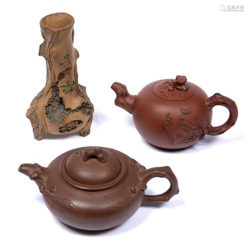 Teapot and cover Chinese, Xing of globular form, the spout and handle modelled on a fruit tree