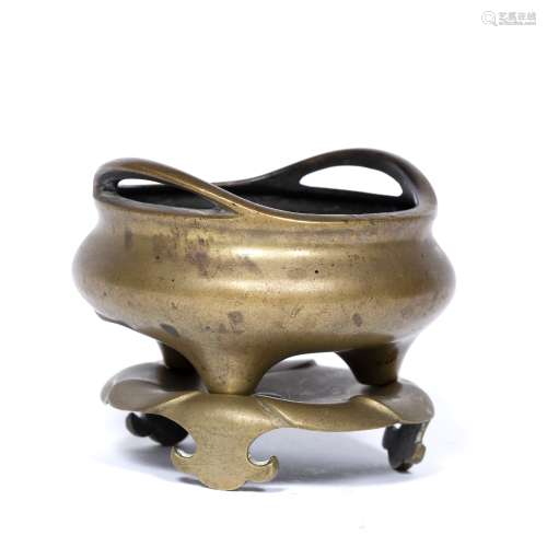 Bronze censer and stand Chinese, 19th/20th Century of rounded form with two loop handles, with