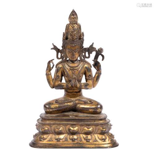 Sino Tibetan gilt figure Chinese in a prone position with her two hands clasped in the middle,