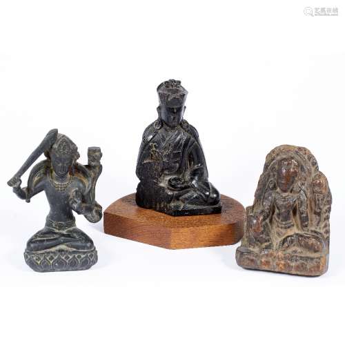 Three figures of deities Chinese two wooden both carved sitting down, the third metal holding a