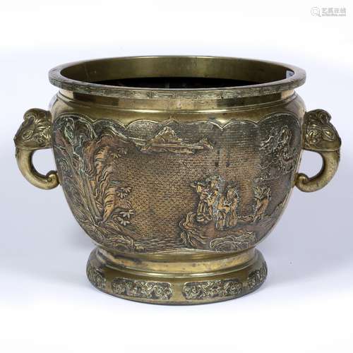 Brass jardiniere Chinese, 19th Century with panel of figures looking out over a river, elephant mask