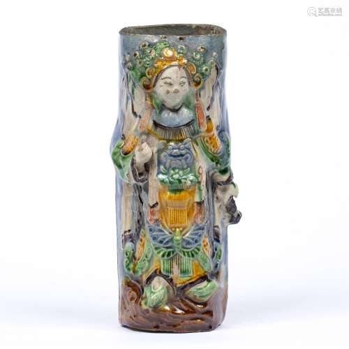 Glazed pottery wall pocket Chinese, 19th Century in the form of a standing female figure 22cm high