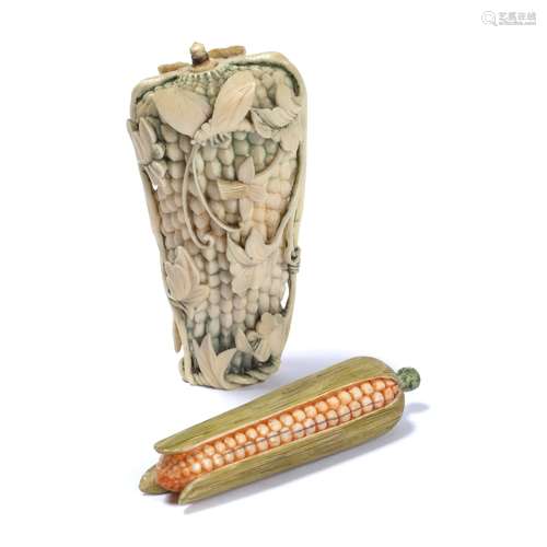 Ivory snuff bottle Chinese, 1880-1900 carved as a corn of the cob tinted in green and orange tones