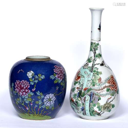 Powder blue large ginger jar Chinese, 19th Century painted enamels with peonies and butterflies 26cm