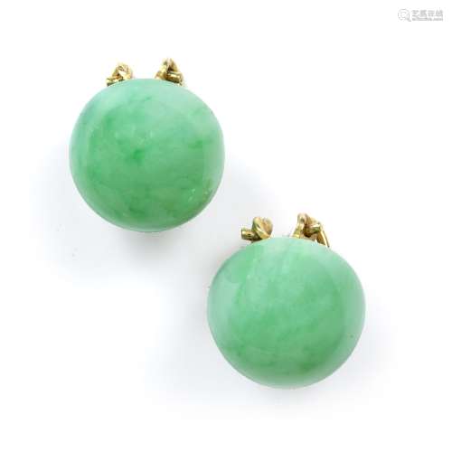Pair of jade stud earrings Chinese with gold metal mounts