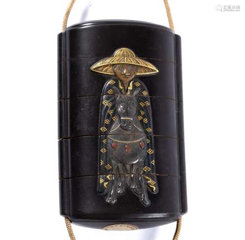 Four-case roiro (black) lacquer inro Japanese, 19th Century decorated in takazogan with Toba