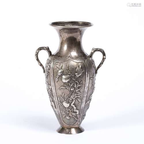 White metal vase Chinese with embossed flora and fauna decoration, indistinctly stamped, 299g