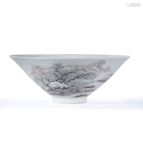 Conical bowl Chinese, Republic period (1912-1949) enamelled with a river scene depicting fishermen