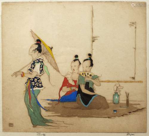 Dorsey Potter Tyson (1891-1969) Dancers, coloured etchings signed on the margin 20cm x 28cm