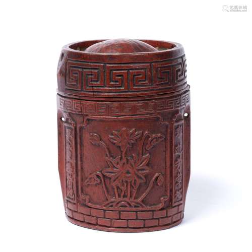 Red lacquered bamboo pot and cover Chinese, 19th Century with relief moulded panels and poems 15cm