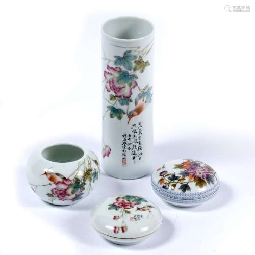 Four ceramic pieces Chinese, Republic period (1912-1949) to include two ink pots decorated with