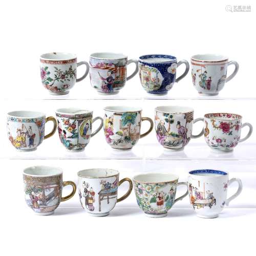 Group of coffee cups Chinese, 18th Century including a court scene, famille rose, Mandarin, gaming