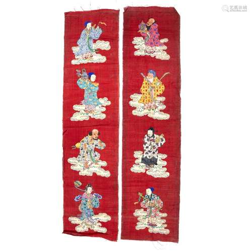 Pair of Kesi panels Chinese, 18th/19th Century each fabric panel applied with four Immortals which