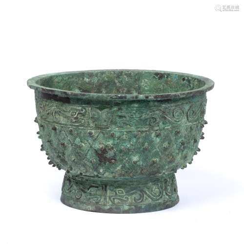 Bronze ritual food vessel, Gui Chinese Zhou Dynasty style raised on a tall foot, the lower body