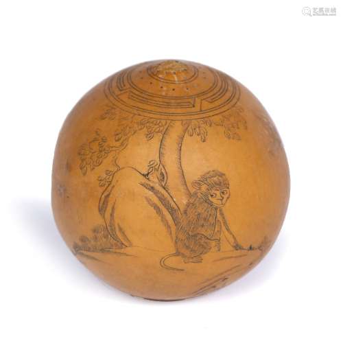 Inscribed large nut Chinese, early 20th Century depicting monkey beneath tree with poem/