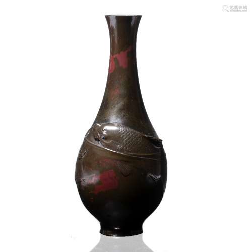 Bronze vase Japanese, Meiji period having two carp around the centre 33cm