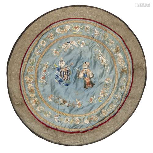 Circular silk panel Chinese, circa 1900 with two figures to the centre 42cm