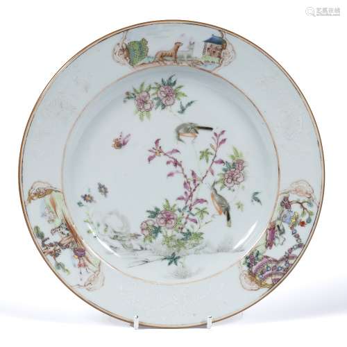 Famille rose Valentine pattern plate Chinese, circa 1740 enamelled with two birds in peony and