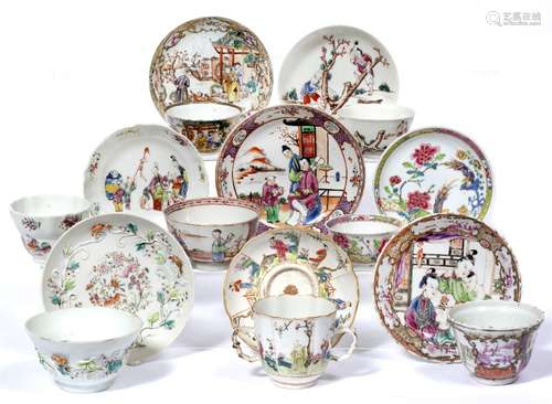 Group of eight tea bowls and saucers Chinese, 18th Century including one with a figure sawing and