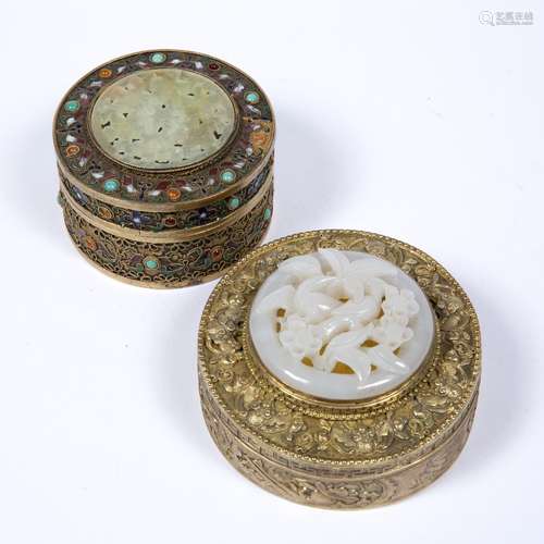 Two gilt metal boxes Chinese both with pierced cut jade lids, the first decorated to the sides