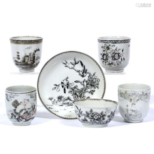 Group of four en grisaille coffee cups Chinese, circa 1740/50 including seated figure with