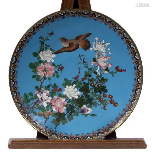 Large cloisonne charger Japanese, late 19th Century of pale blue ground with peony and bird 45cm