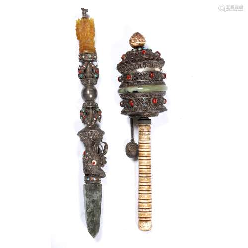 Prayer wheel and a vajra Tibet, 19th/20th Century the prayer wheel with a cylindrical box embossed