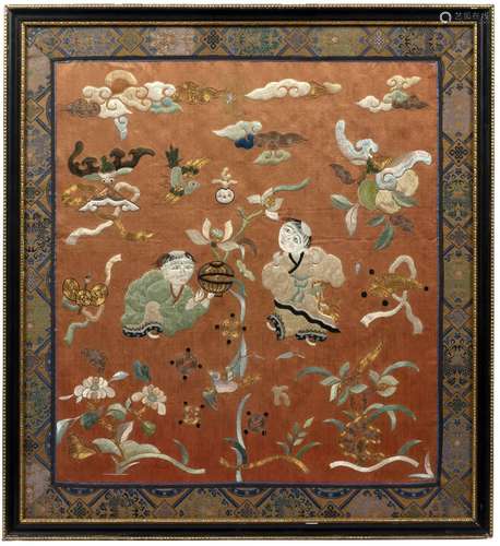 Silk and embroidered panel Chinese the centre having two young boys playing amongst various bats,