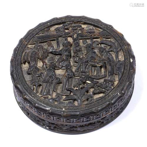 Canton tortoiseshell circular snuff box Chinese, 19th Century deeply carved with figures seated