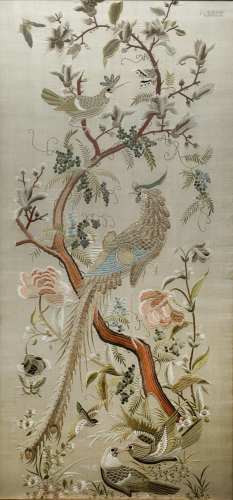 Large silk panel Chinese, early 20th Century embroidered with peacocks, butterflies and flowering
