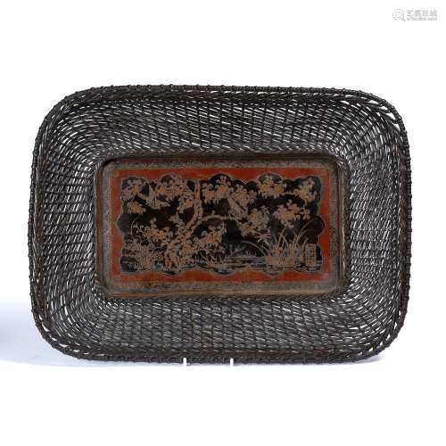 Bronze tray Japanese, Meiji with inlaid copper showing a bird on a tree within a weaved border,