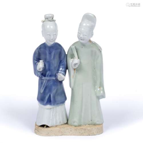 Pair of glazed standing Shiwan figures Chinese, 19th Century one standing holding a fan, the other a