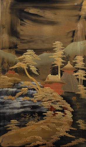 Pair of lacquer panels Japanese, circa 1900 each with a landscape view, one including Mount Fuji, in