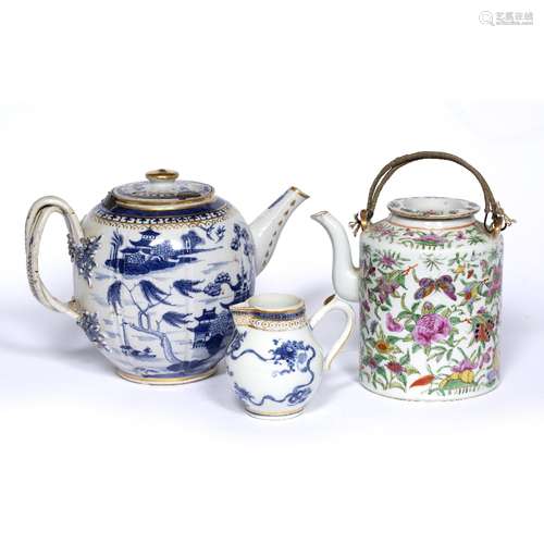 Blue and white porcelain export ovoid teapot Chinese, 18th Century with river landscape scene 17.5cm