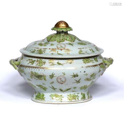 Armorial oval tureen and cover Chinese, late 18th/19th Century green enamel foliate decoration and