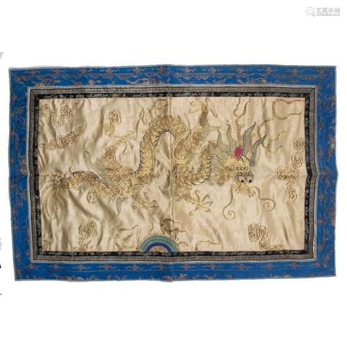 Embroidered panel Chinese with gold thread dragon within a blue panelled border 48cm x 80cm