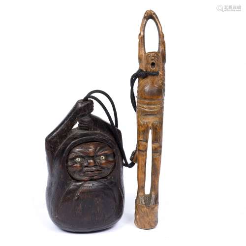 Carved tobacco box Japanese, Edo period and a pipe holder (Kiseruzutsa) with an ojime bead on cord
