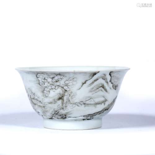 Monochrome bowl Chinese, 19th/20th Century painted with rocky landscape with various building and