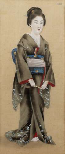 Study of a geisha Japanese, Meiji the full length figure standing holding a fan 56cm x 24cm