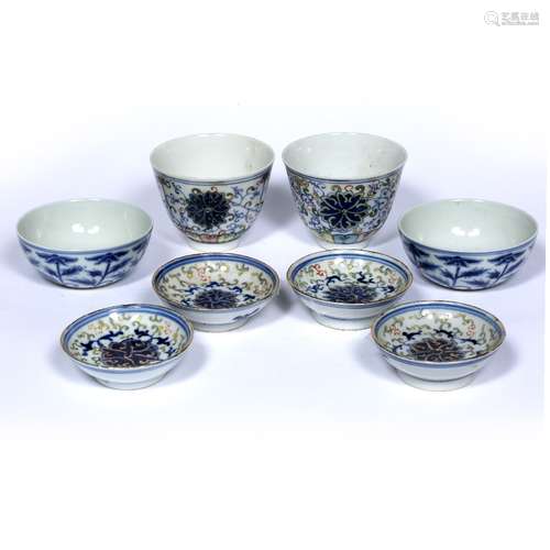 Group of porcelain cups Chinese to include a pair of monochrome cups with marks to base and a pair