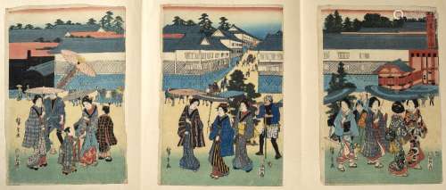 Utagawa Hiroshige Japanese, mid 19th Century triptych depicting a town scene with Geisha and