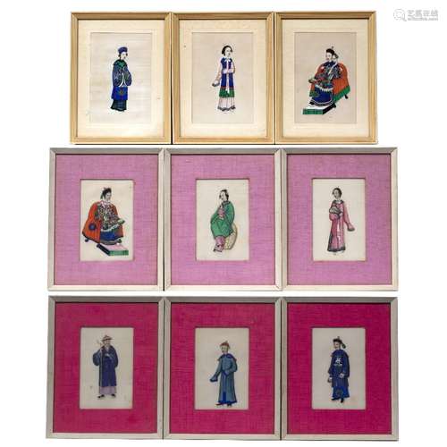 Nine rice paper pictures Chinese, depicting various figures including several in court dresses (9)