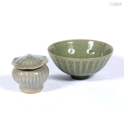 Longquan bowl Chinese Southern Song style, with leaf moulding 14cm and a small lotus Longquan jarlet