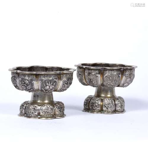 Pair of white metal salts Chinese, late 19th Century each with engraved panels 7.5cm, 123cm grams