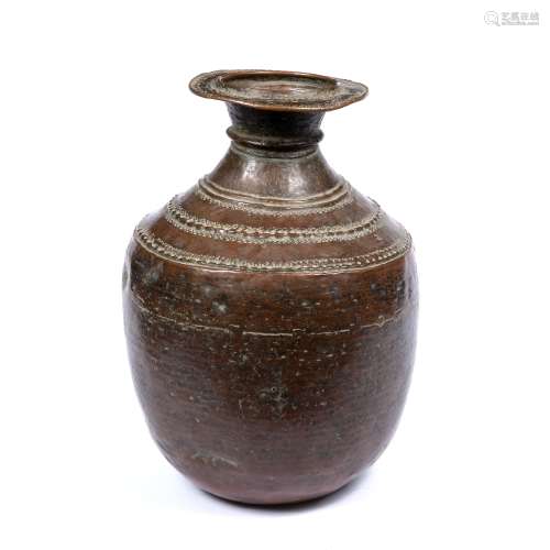 Bronze lota pot Indian, 19th century of simple form, with a banded decoration to the top 40cm high