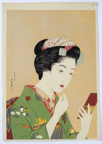Hashiguchi Goyo Japanese, c1920 girl holding lipstick, woodblock print with pearlescent finish