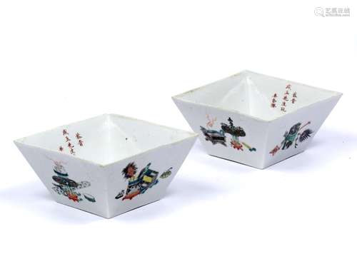 Pair of porcelain square rice bowls Chinese, 19th/20th Century of tapered form, decorated in famille