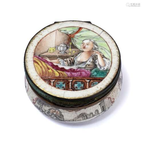 Canton enamel and gilt metal box Chinese/European influenced, Qianlong period of rounded circular